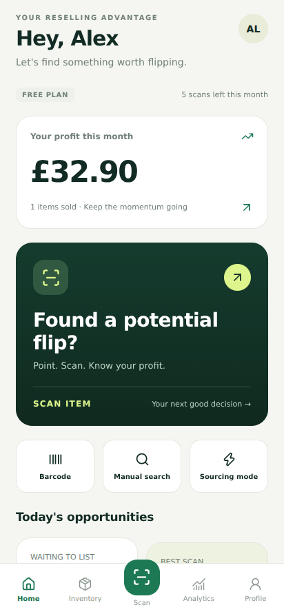The Tidy Find home screen showing profit for the month and a button to scan an item.